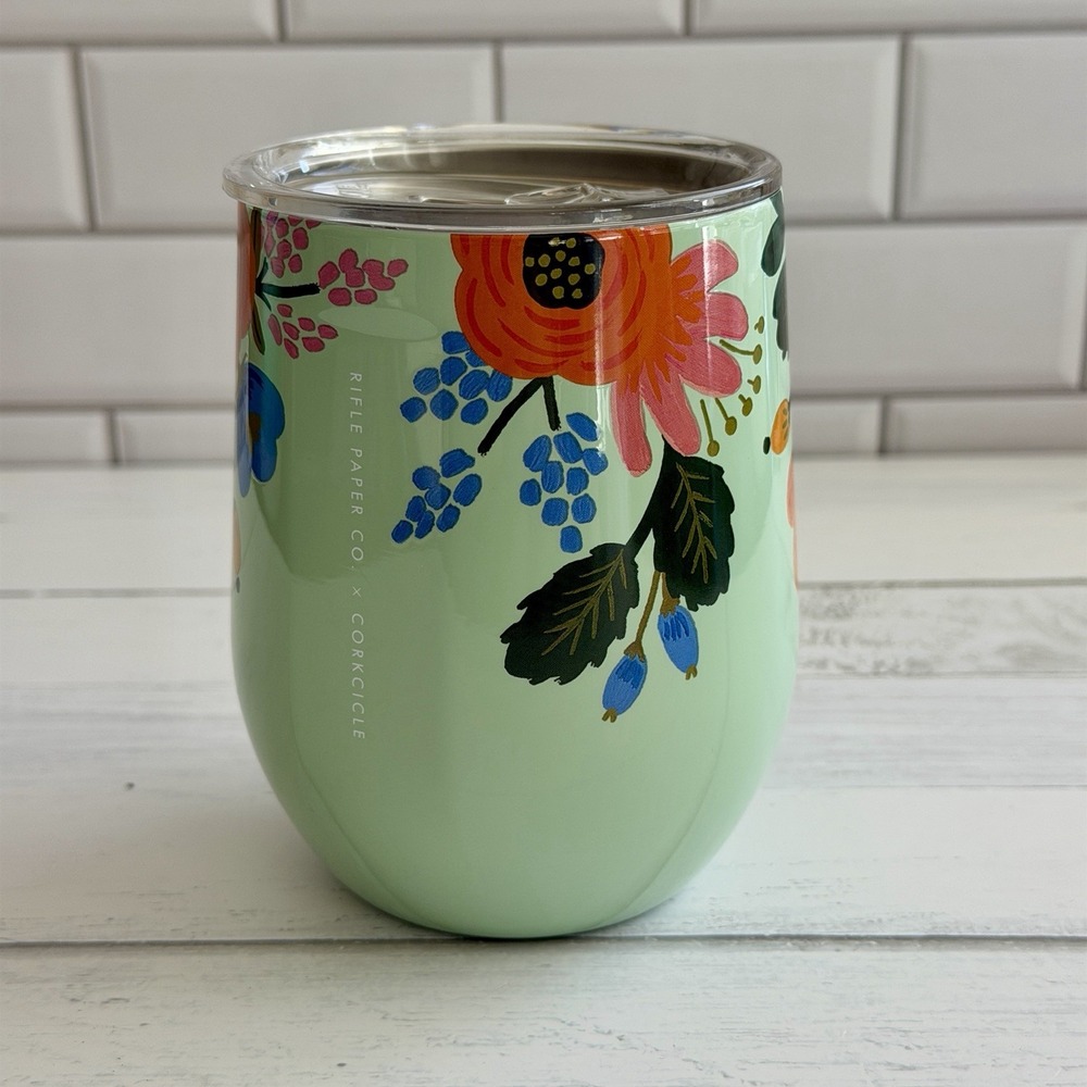 Rifle Paper Co x Corkcicle Stemless Wine Tumbler Garden Party Floral Mint Green